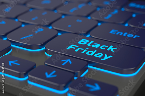 Backlit keyboard displays Black Friday on large central key, surrounded by blue illuminated controls. Computer input device presents online shopping event in sleek, futuristic design. 3D illustration