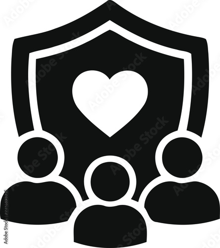 Black and white vector icon representing family health insurance or community protection with shield and heart symbol