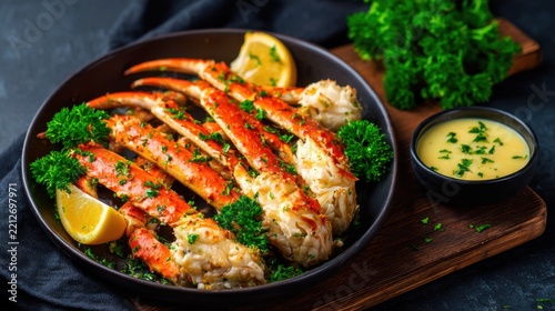 A vibrant plate of crab legs garnished with parsley and lemon, paired with a creamy dip