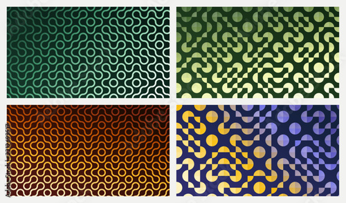 Truchet Arc Maze Geometric Background Set, Abstract Curved Tile Pattern Gradient Vector Cover Designs