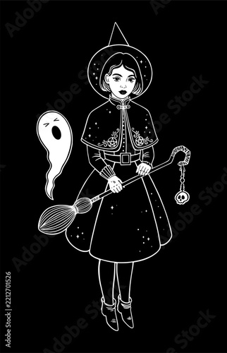 Young Witch with Broom and Ghost Vector Line Art
