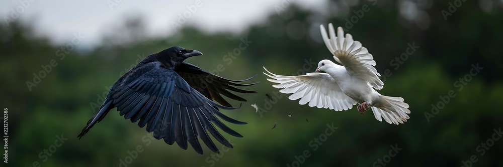 Fototapeta premium Dynamic Encounter of Black Raven and White Dove in Mid Flight with Flying Feathers