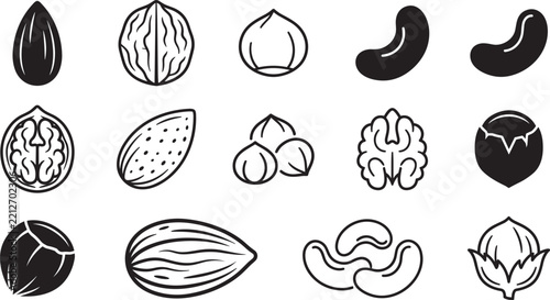 Nuts line art and silhouette icons vector set isolated on solid white background