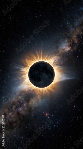 Total solar eclipse with glowing corona in deep space galaxy