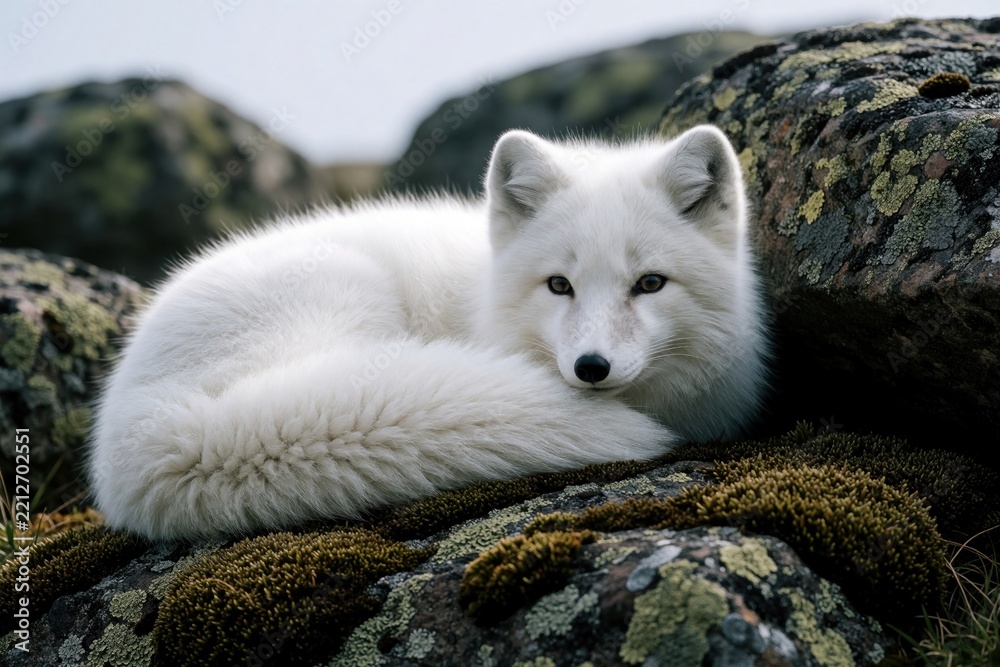 Fototapeta premium White arctic fox rests on mossy rocks in wild tundra. Fluffy mammal with thick fur, perked ears curls up near lichen covered stones. Small predator slepic in cold natural habitat during winter season