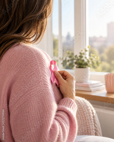 Woman holding pink breast cancer awareness ribbon by a bright window