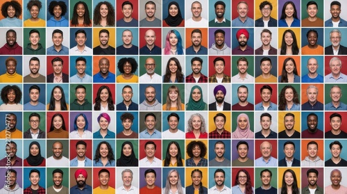 Large Grid of Diverse People Portraits Representing Global Community, Inclusion, and Multicultural Society