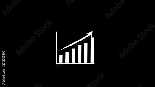 White ascending bar chart with upward arrow on black background, representing financial growth, business progress, rising sales, revenue, market success, performance improvement, and positive.