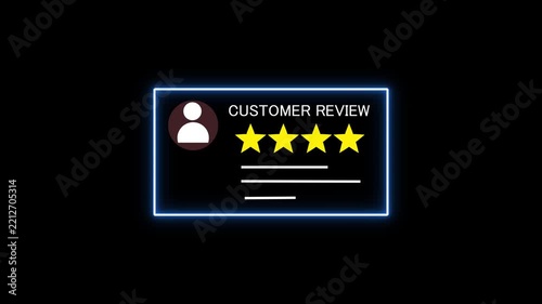 Neon customer review card with profile icon, four yellow stars, glowing blue border, and text lines on black background, representing feedback, rating, satisfaction, testimonials, and service quality.