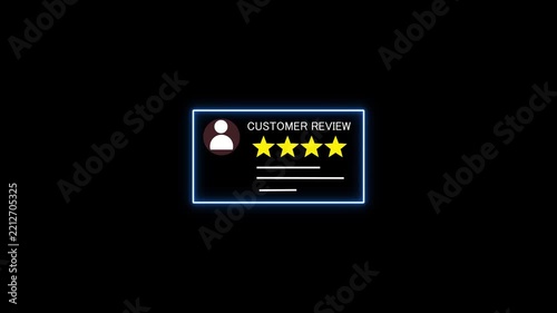Neon customer review card with profile icon, four yellow stars, glowing blue border, and text lines on black background, representing feedback, rating, satisfaction, testimonials,service quality.
