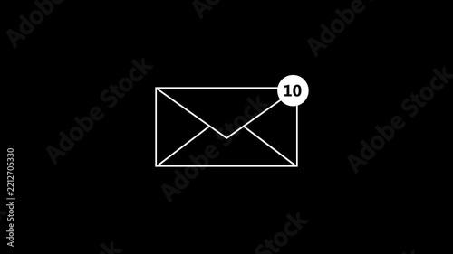 White outline email envelope with a notification badge showing 10 on black background, representing unread messages, box alerts, email communication, notifications, and digital correspondence.