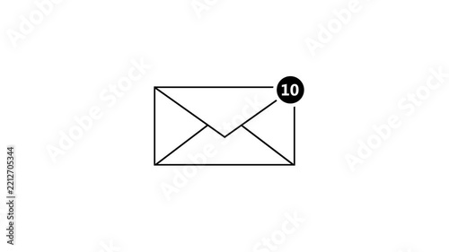 Minimal black outline email envelope with a circular 10 notification badge on white background, symbolizing unread mail, in box messages, email alerts, communication, and digital notification.