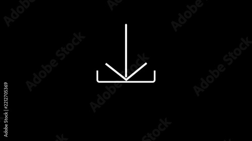 White download arrow icon pointing into a tray on black background, symbolizing file download, saving data, digital transfer, software downloads, document retrieval, and online content access.