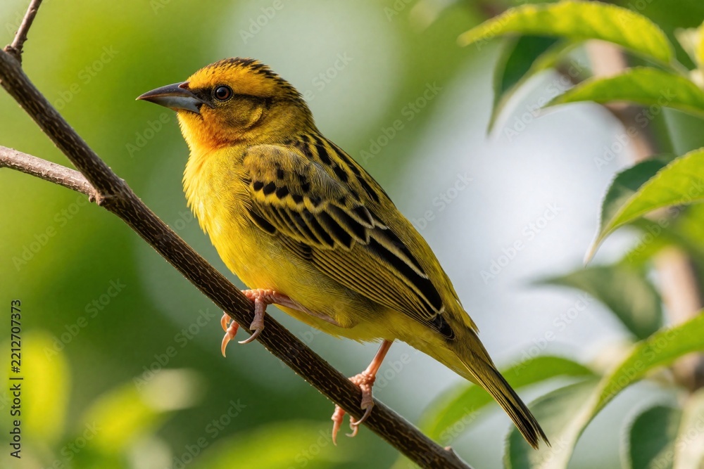 Obraz premium Bright yellow baya weaver bird perches on thin tree branch. Small tropical avian sits in green foliage. Wild male weaverbird shows colorful plumage in natural habitat. Ornithology subject captures