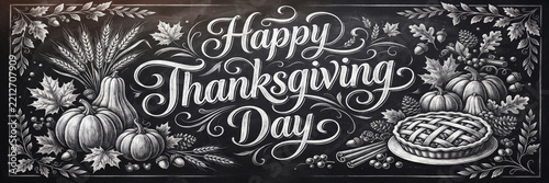 Decorative happy thanksgiving day chalkboard illustration with hand drawn pumpkins autumn leaves and a traditional holiday pie