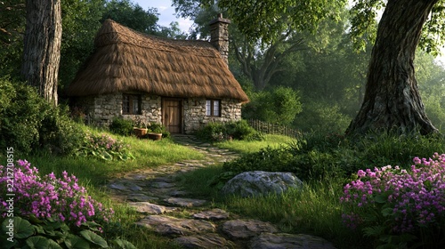 A charming stone cottage with a thatched roof rests in a lush green forest clearing.