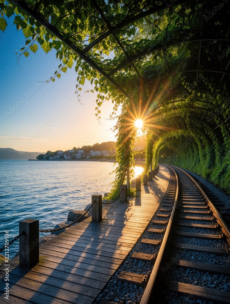 Fototapeta premium Scenic wooden boardwalk, railway track run along calm blue lake shore. Green vine tunnel creates natural archway over path. Golden sunset light shines through leaves at dusk. Peaceful landscape
