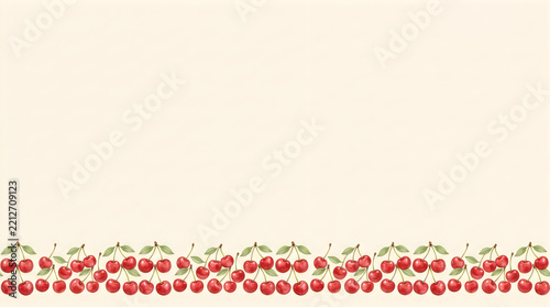 Fresh red cherries arranged in a horizontal row isolated on a white background