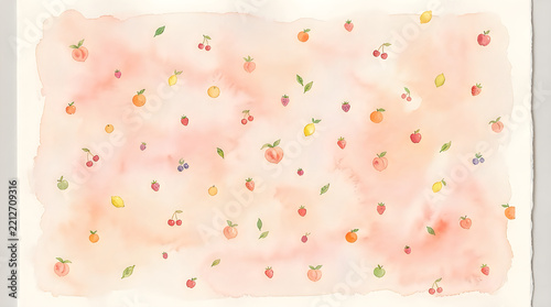 Watercolor painting pattern with small fruits and berries on a soft peach colored background