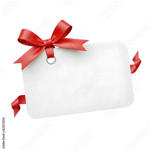 Gift tag on a blank white card with red ribbon