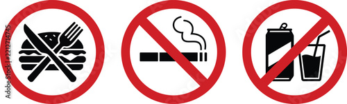 Fotografie No food or drink allowed no smoking prohibition sign red circle slash hamburger