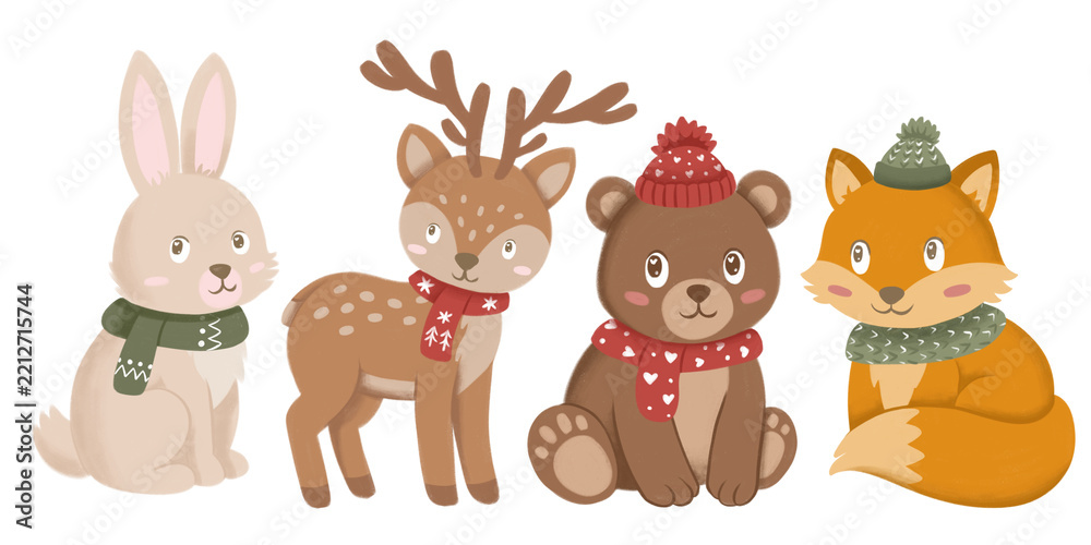Obraz premium set of cute winter wonderland woodland animals in hats and scarf isolated illustrations for children print, books, puzzles, seasonal decor or pattern 