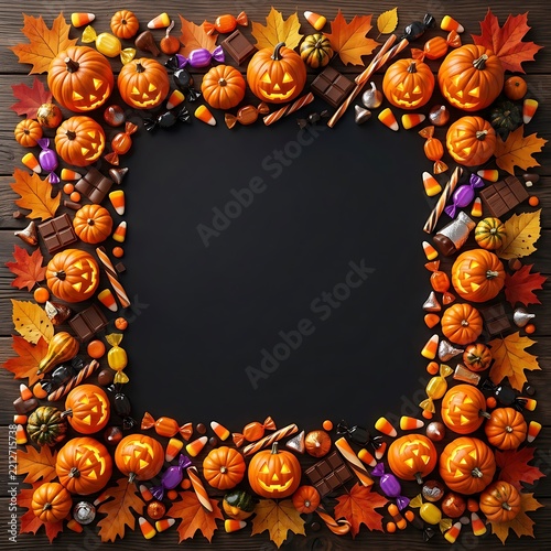 Square frame of carved glowing pumpkins and autumn leaves with black chalkboard center jack o lantern halloween decoration trick or treat holiday background glowing pumpkin halloween candy