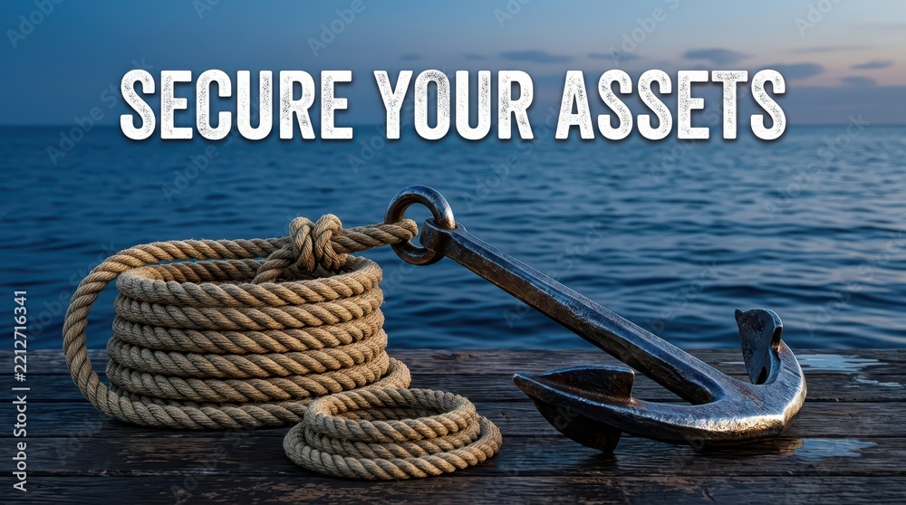 Fototapeta premium Anchor and coiled rope on wooden pier, symbolizing security, stability, and maritime safety