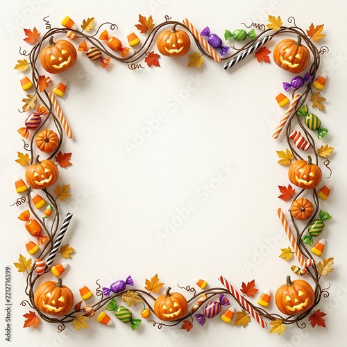 Square halloween border frame composed of glowing carved pumpkins autumn leaves and colorful candy with jack o lantern square shape carved pumpkin halloween party trick or treat fall foliage