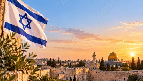 Sunrise Over Jerusalem With Israeli Flag and Dome of the Rock in View