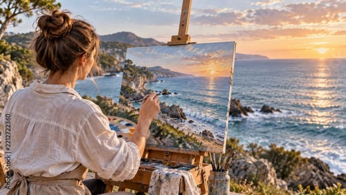 Artist Painting a Coastal Scene at Sunset With Ocean Waves and Cliffs in the ...