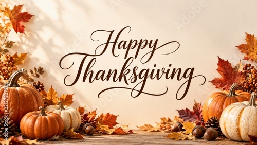 Thanksgiving Decoration With Pumpkins, Leaves, and a Greeting on a Plain Back...