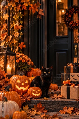 Halloween Decorations With Pumpkins, a Black Cat, and Autumn Leaves at a Home...