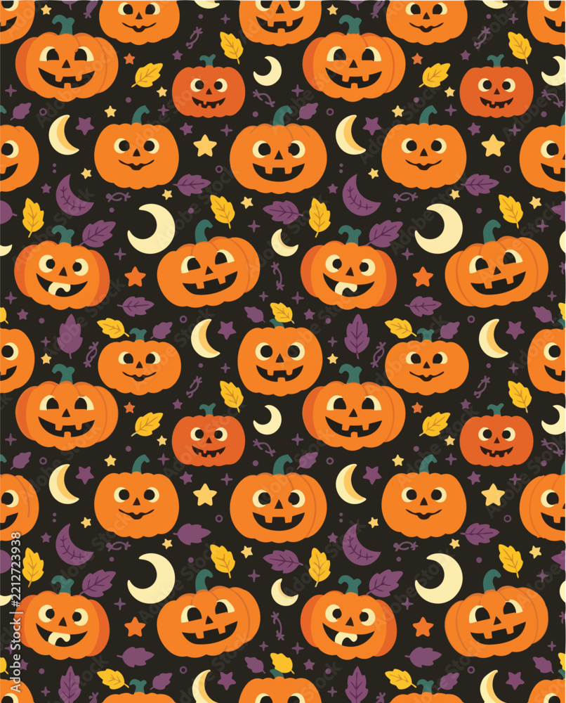 Obraz premium Cute pumpkins pattern showcases small smiling jack o lanterns interspersed with stars and moons.