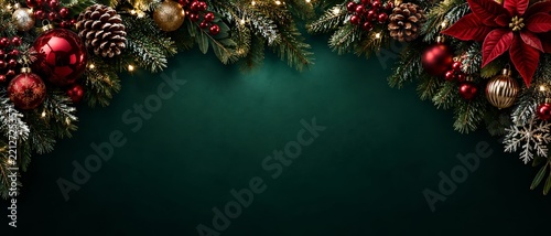 Christmas Decorations With Pine Branches and Ornaments on a Dark Green Backgr...