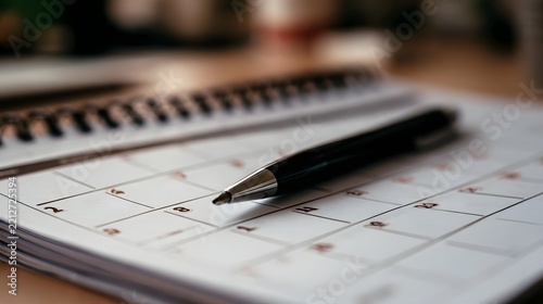A close up view of a spiral bound calendar with a black pen resting on its grid layout  suggesting planning or scheduling