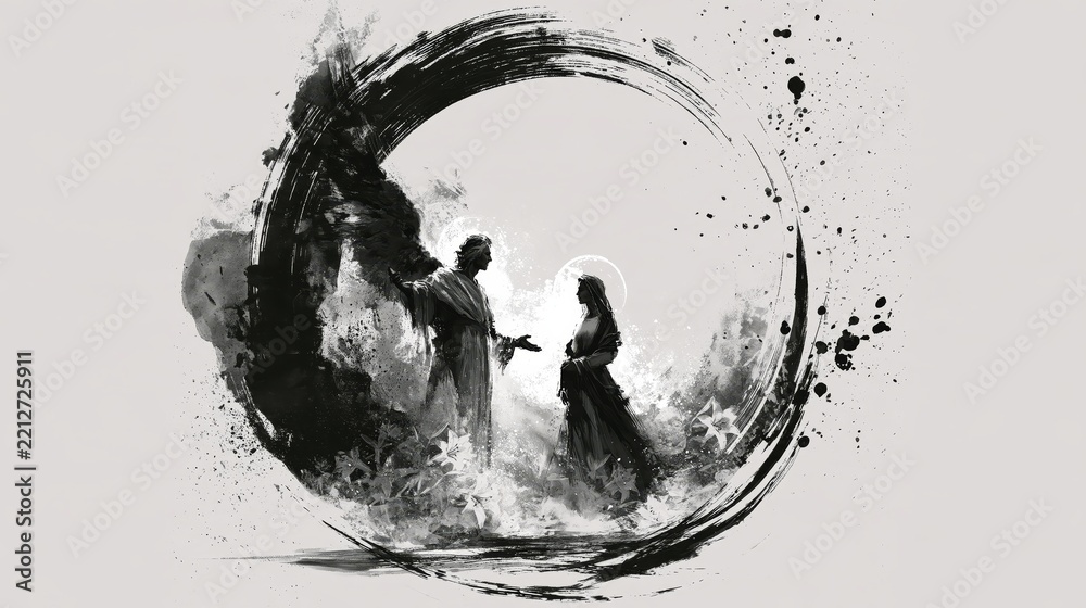 Fototapeta premium Ink-style monochrome depiction of the Annunciation: angel Gabriel speaking to Mary within a sweeping circular brush, silhouetted figures evoking divine revelation and reverence