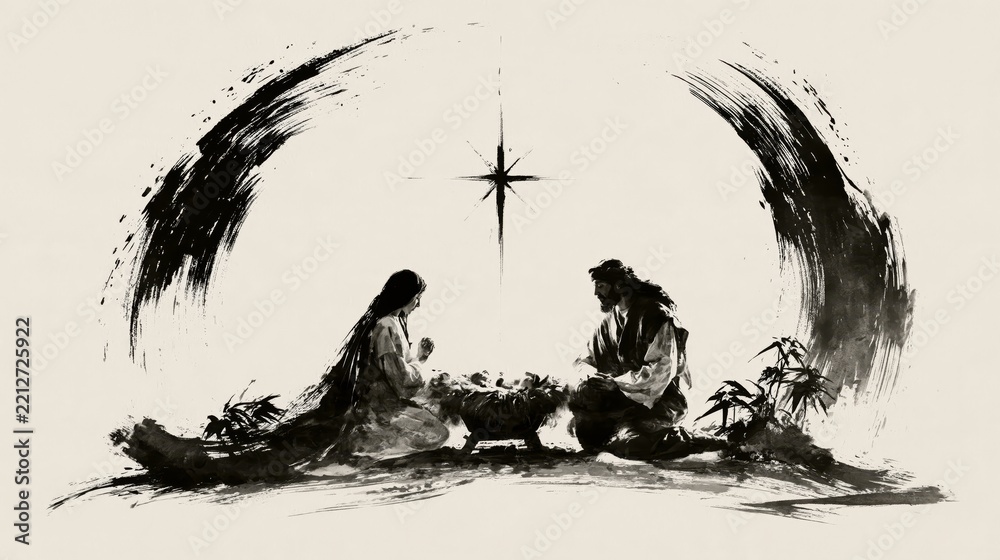 Fototapeta premium Monochrome ink-style depiction of the Nativity: Mary and Joseph kneeling beside the infant Jesus in a manger under the guiding Bethlehem star, peaceful reverence