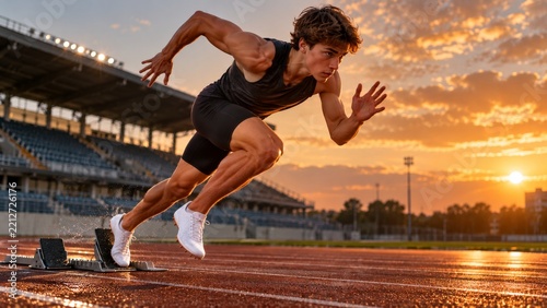 Runner Starts Sprint at Track During Sunset