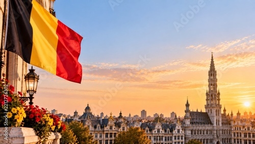 View of Brussels With Belgian Flag at Sunset Over City Skyline