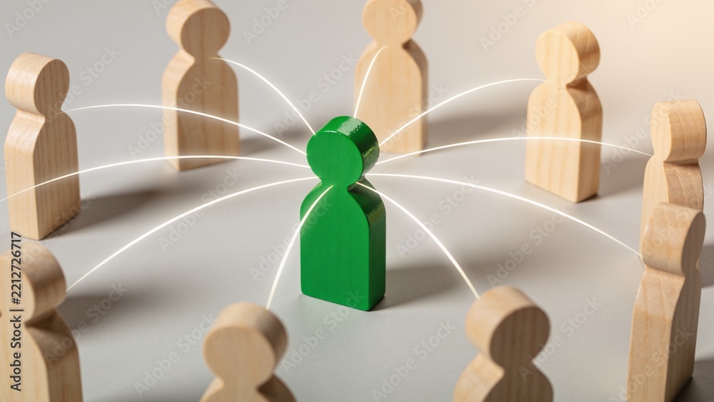 Obraz premium Green leader figure connecting with diverse team members in network concept illustration