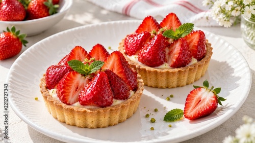 Delicious Strawberry Tarts on a White Plate With Fresh Mint Leaves