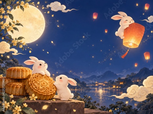 Moon Festival Scene With Rabbits Celebrating Under a Full Moon