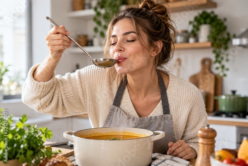 Woman Tasting Soup in a Kitchen With Plants and Cooking Utensils