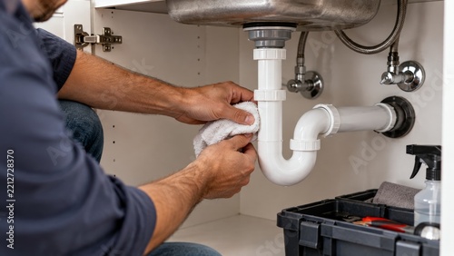 Man Fixing a Plumbing Issue Under the Kitchen Sink at Home in the Daytime