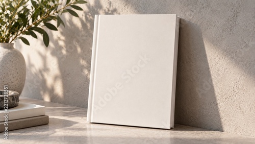 Blank Book Placed on a Table Beside a Green Plant in a Bright Indoor Setting
