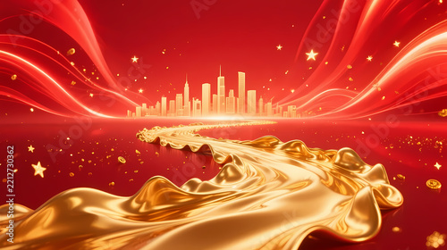 Flowing golden silk with city silhouette