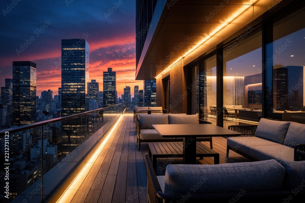 Fototapeta premium Modern luxury balcony with stylish sofa, table at sunset. Urban apartment terrace offers cozy outdoor lounge area with city skyline view. High rise building features elegant patio furniture, warm