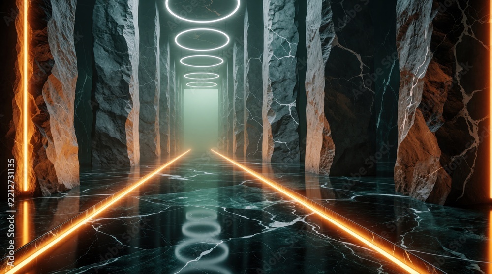 Fototapeta premium Futuristic marble corridor with glowing neon lights, tall stone columns. Abstract 3d interior features orange led lines on floor, white circular rings on ceiling. Dark luxury space with glowing