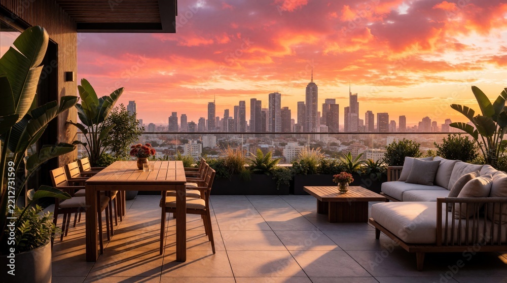 Fototapeta premium Modern rooftop terrace with wooden dining table, comfy lounge sofa at sunset. Luxury apartment balcony overlooks urban city skyline with colorful sky. Outdoor furniture, green plants, potted flowers